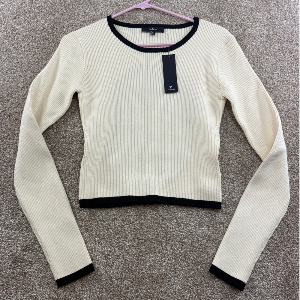 Lulus Cream Black Contrast Trim Open Back Ribbed Knit Long Sleeve Crop Top Large